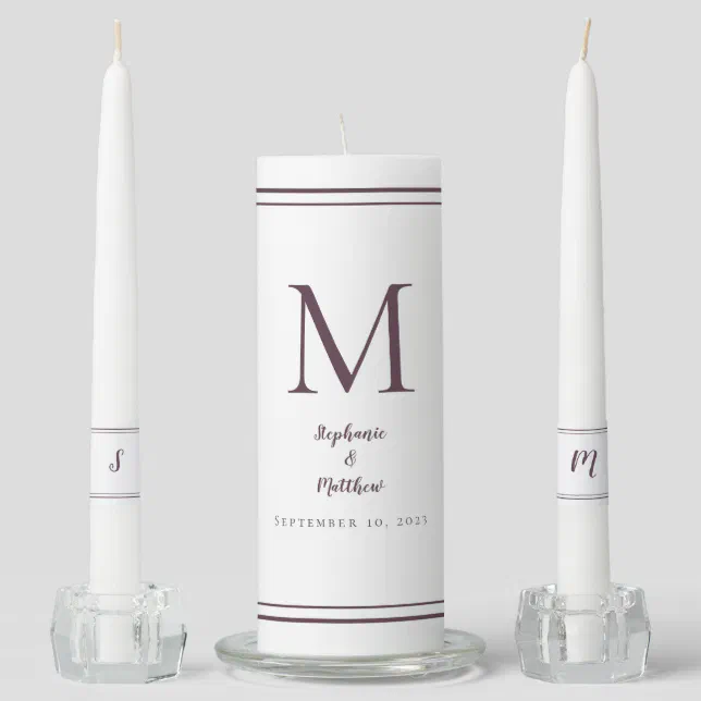Modern White & Cassis Wedding Ceremony Bride Groom Unity Candle Set