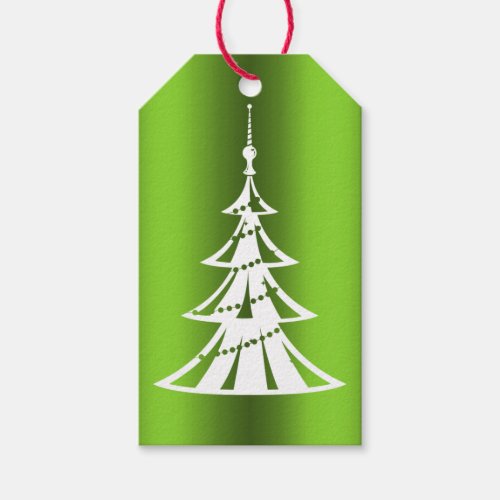 Modern White Christmas Tree on Green Gift Tags