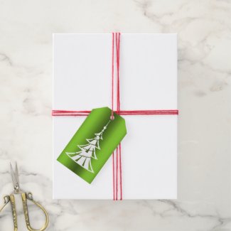 Modern White Christmas Tree on Green Gift Tags