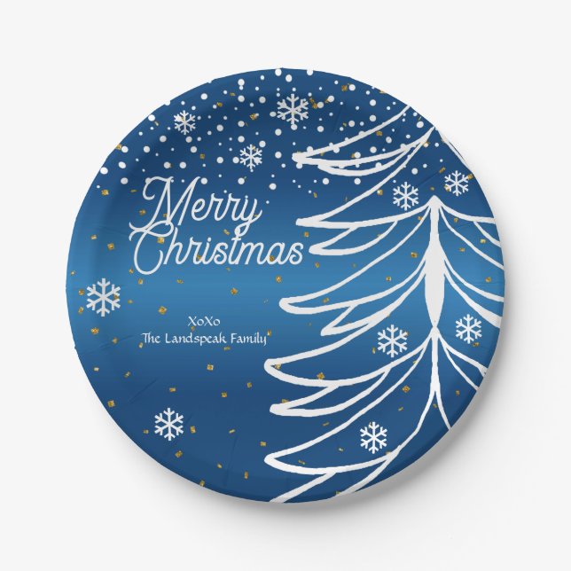 Modern White Christmas Tree & Snowflakes Paper Plates (Front)