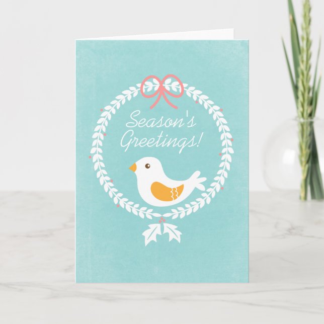 Modern White Christmas Wreath With Dove Holiday Card (Front)