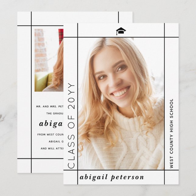 Modern white Class of 2026 graduation photo Announcement (Front/Back)