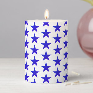 Modern white cobalt blue stars holiday party pillar candle