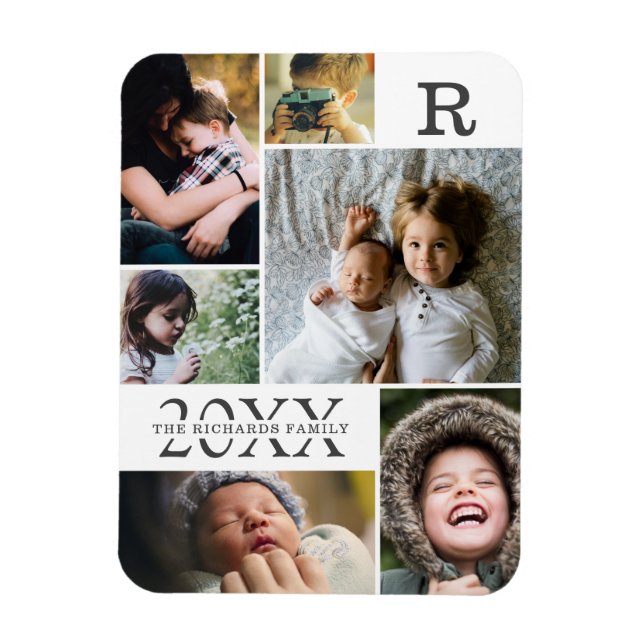 Modern White Color Block Family 6 Photo Collage Magnet (Vertical)