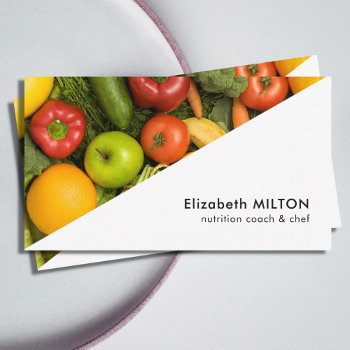 Modern White Colorful Vegetable Nutritionist Chef Business Card by pro_business_card at Zazzle