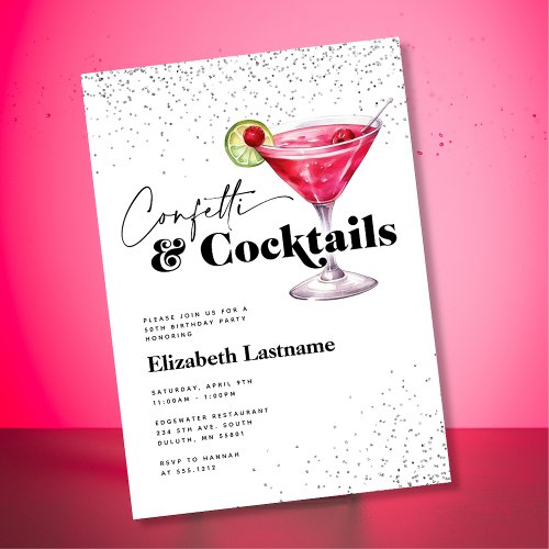 Modern White Confetti and Cocktails Birthday Invitation