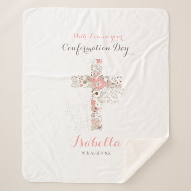 Modern white confirmation floral cross name sherpa blanket (Front)