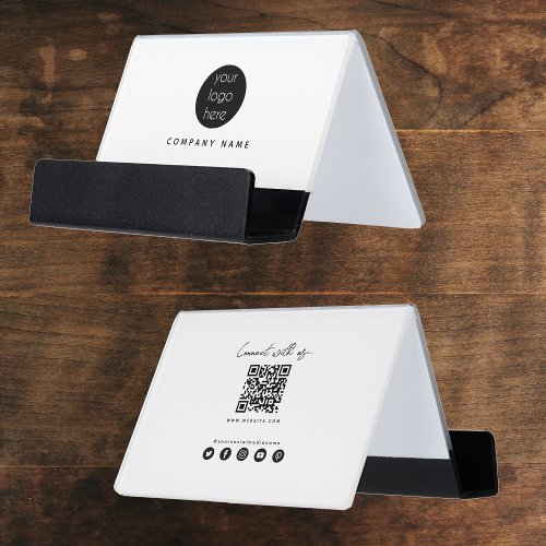 Modern White Connect With Us QR Code Social Media Desk Business Card Holder