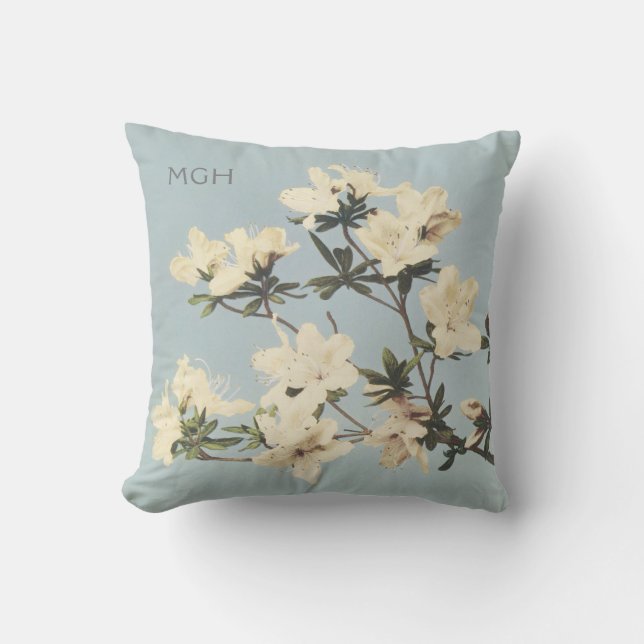 Modern White Cream Azalea Flowers Monogram Throw Pillow (Front)