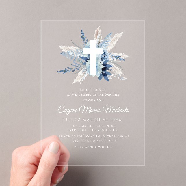 Modern white cross blue floral dedication  acrylic invitations (Insitu (Handheld))