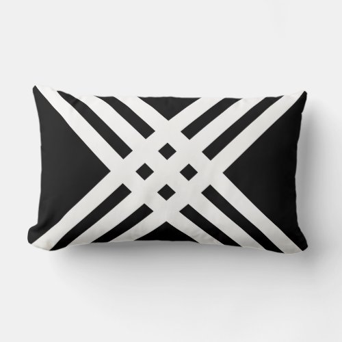 Modern White Cross Lines Pattern on Black Lumbar Pillow