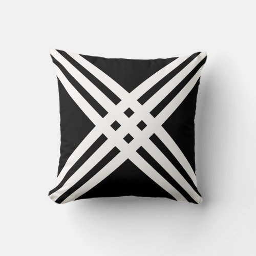 Modern White Cross Lines Pattern on Black Throw Pillow