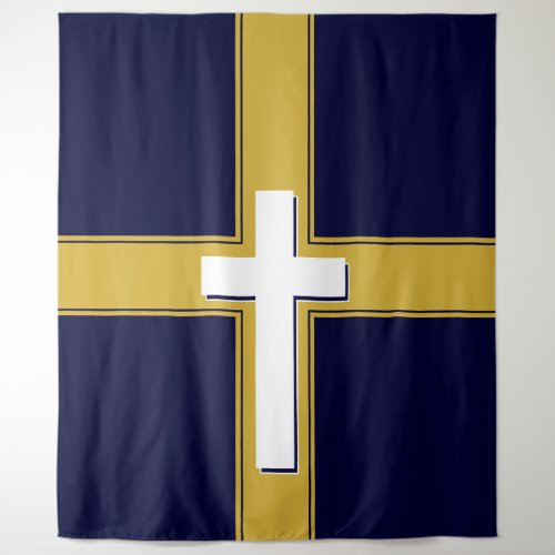 Modern  White Cross on  Gold and  Blue Tapestry