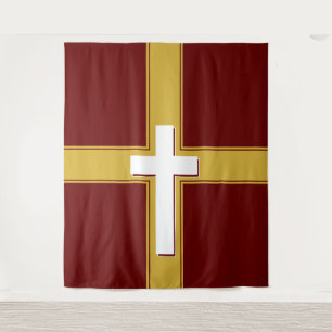 Modern White Cross on Gold and Burgundy Tapestry