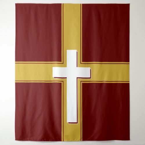 Modern  White Cross on  Gold and  Burgundy Tapestry
