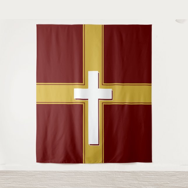 Modern | White Cross on | Gold and | Burgundy Tapestry (Front)