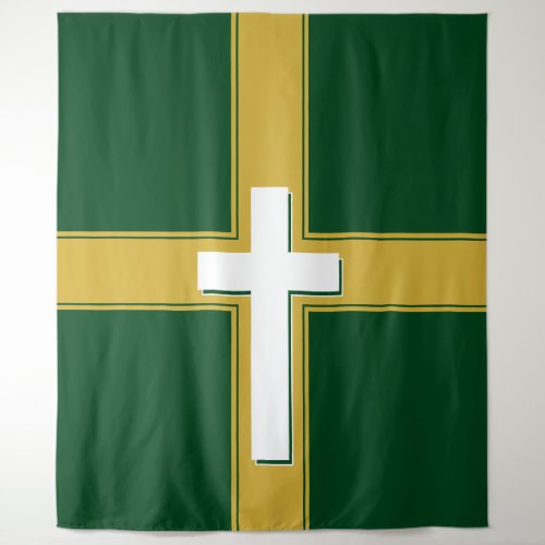 Modern  White Cross on  Gold and  Green Tapestry