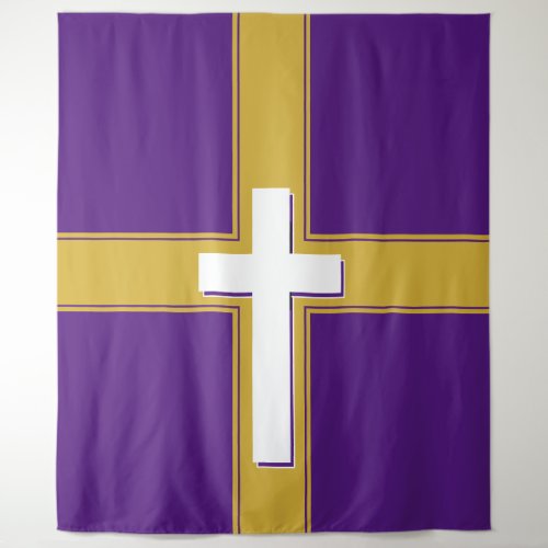 Modern  White Cross on  Gold and  Purple Tapestry