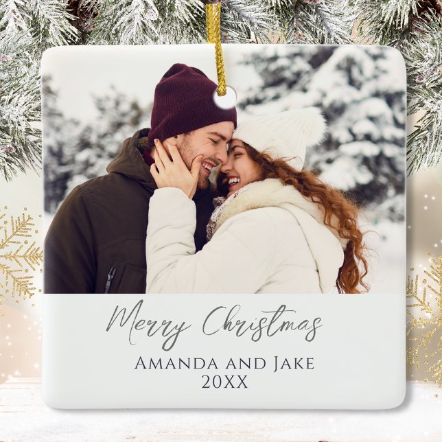 Modern White Custom Merry Christmas Photo Ceramic Ornament (Creator Uploaded)