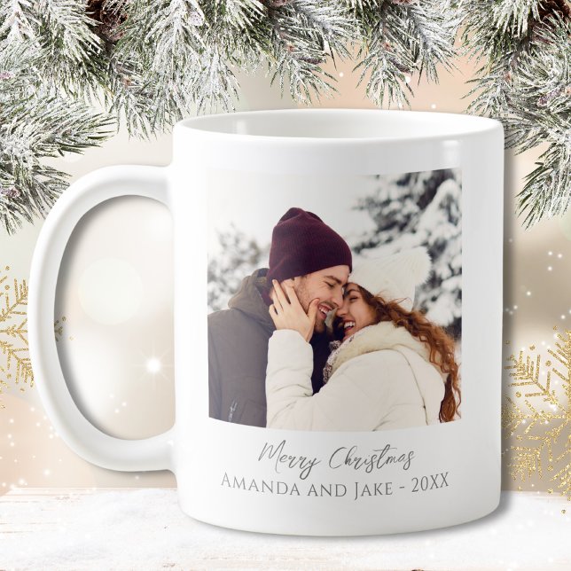 Modern White Custom Merry Christmas Photo Coffee Mug (Creator Uploaded)