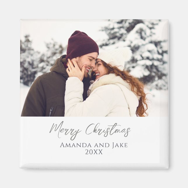 Modern White Custom Merry Christmas Photo Magnet (Front)