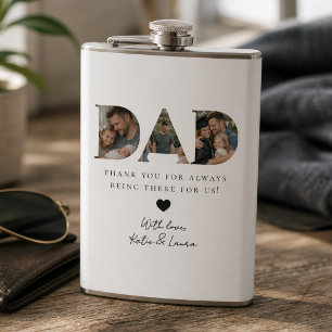 Modern White Dad Photo Collage Father Day Gift Flask