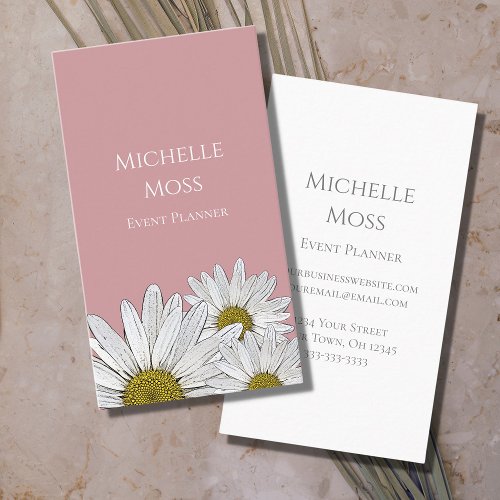 Modern White Daisies Floral Dusty Pink Business Card