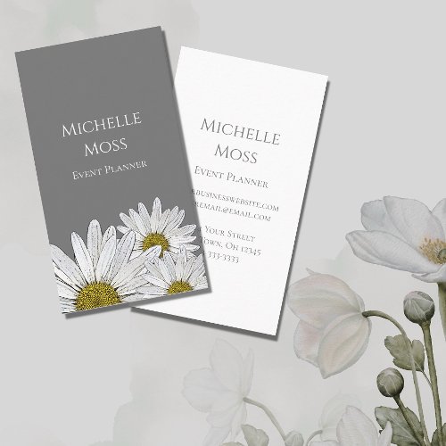 Modern White Daisies Trendy Floral Gray Business Card