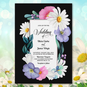 Modern White Daisy Black Wedding Invitation