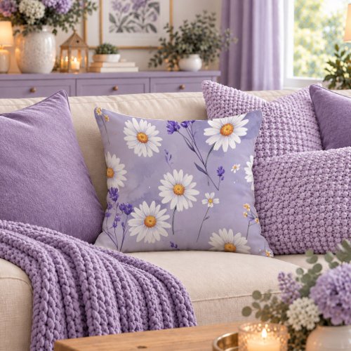 Modern White Daisy Dusty Purple Pillow Design Art