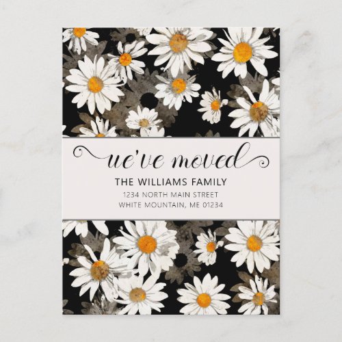 Modern White Daisy On Black Floral Announcement Postcard