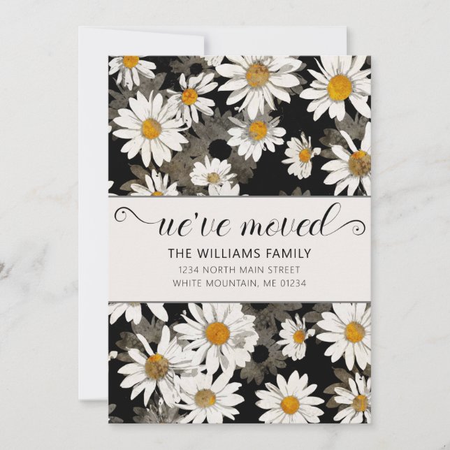 Modern White Daisy On Black Floral Moving Card (Front)