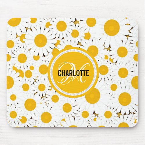 Modern white daisy pattern monogrammed name mouse pad