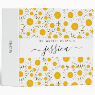 Modern white daisy pattern script name Recipe 3 Ring Binder