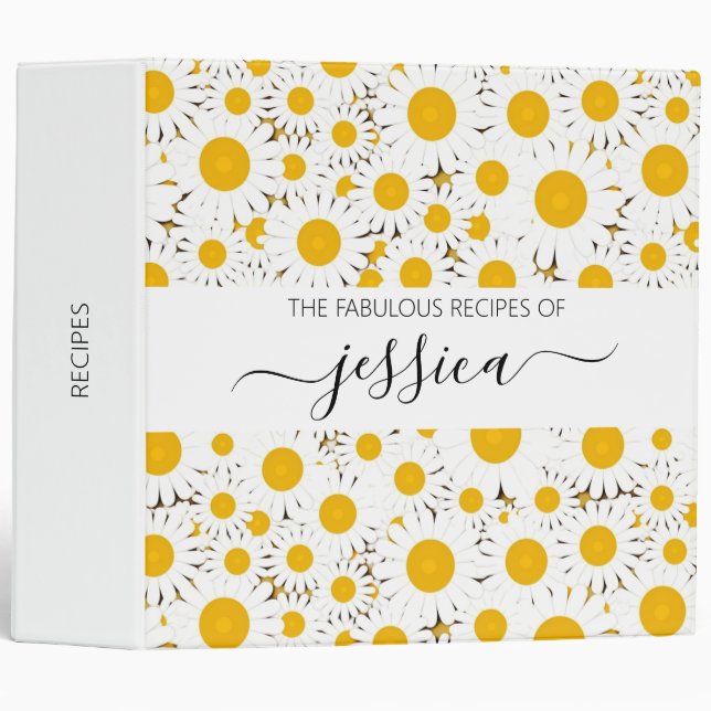 Modern white daisy pattern script name Recipe 3 Ring Binder (Front/Spine)