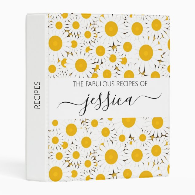 Modern white daisy pattern script name Recipe Mini Binder (Front/Spine)