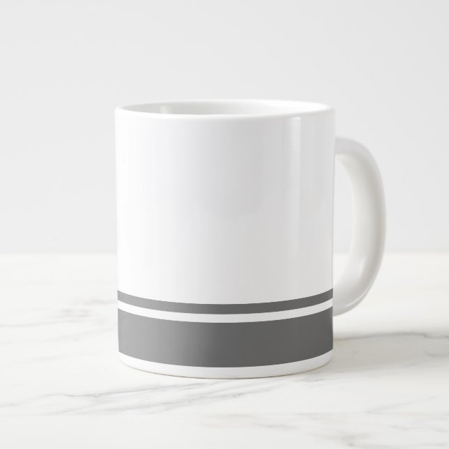 Modern White Dark Gray Bottom Rim Racing Stripes Giant Coffee Mug (Front Right)