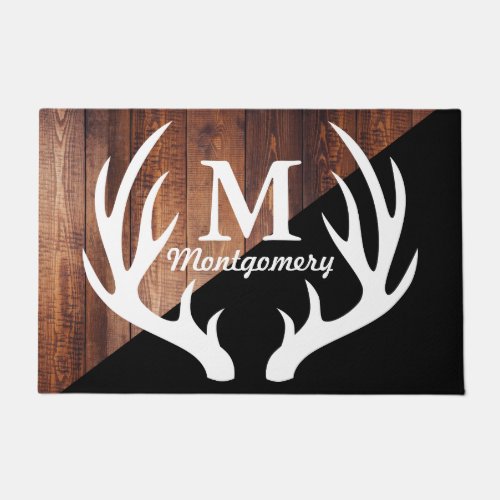 Modern White Deer Antlers Wood Planks  Black Doormat