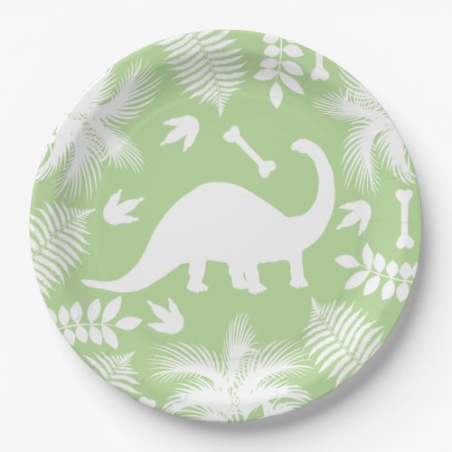 Modern White Dinosaur Bronto Silhouette  Foliage Paper Plates