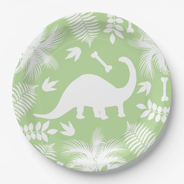 Modern White Dinosaur Bronto Silhouette & Foliage Paper Plates (Front)
