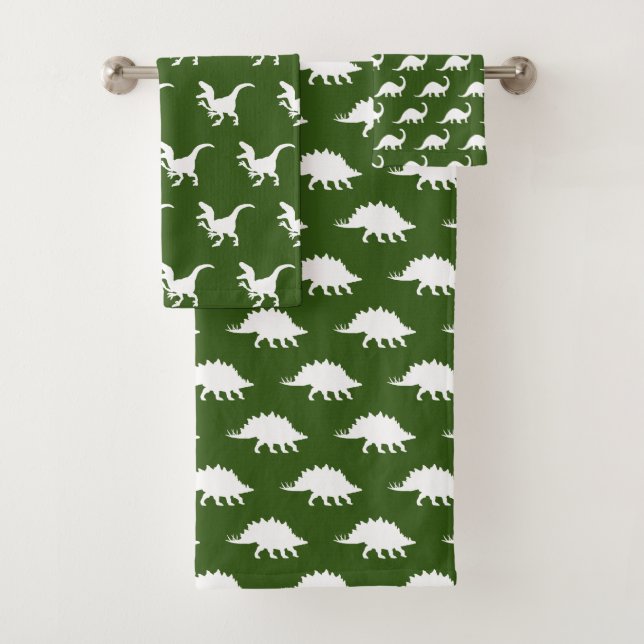 Modern White Dinosaurs & Dark Green Bath Towel Set (Insitu)