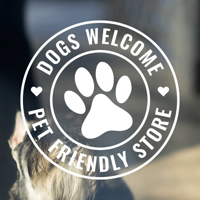 Modern White Dogs Welcome Pet Friendly Store Window Cling (Modern, minimalist round window cling for dog-loving shop owners in white with pet paw logo.)