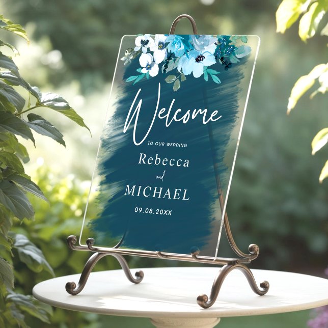 Modern white dusty blue floral wedding welcome  acrylic sign (Creator Uploaded)
