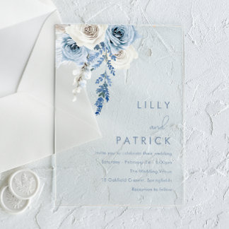Modern White & Dusty Blue Wedding Acrylic Invitations