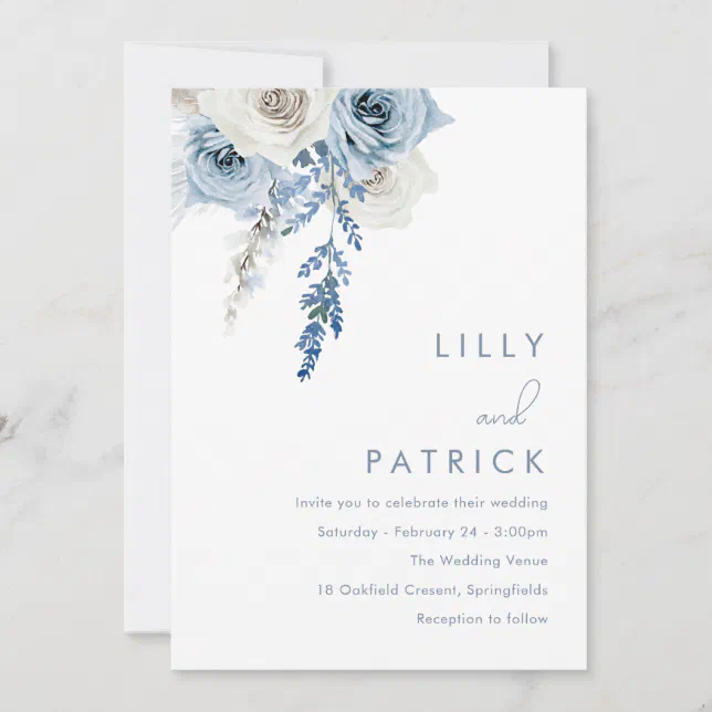 Modern White & Dusty Blue Wedding Invitation | Zazzle