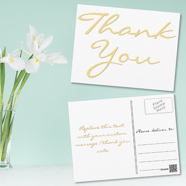 Modern White Elegant Faux Gold Script Thank You Postcard (Modern White Elegant Faux Gold Script Thank You Postcard)