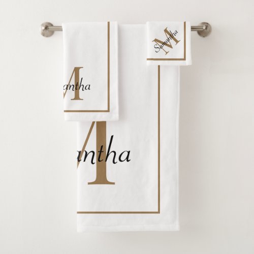 Modern White Elegant Gold Monogram Bath Towel Set