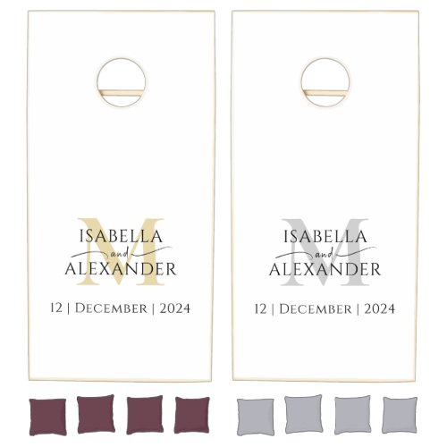 Modern White Elegant Grey Monogram Wedding Cornhole Set