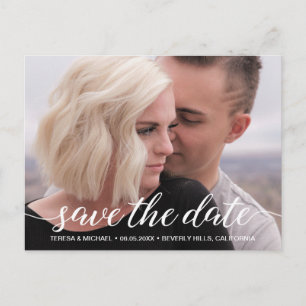 Modern white Elegant Script Save the Date Photo Postcard