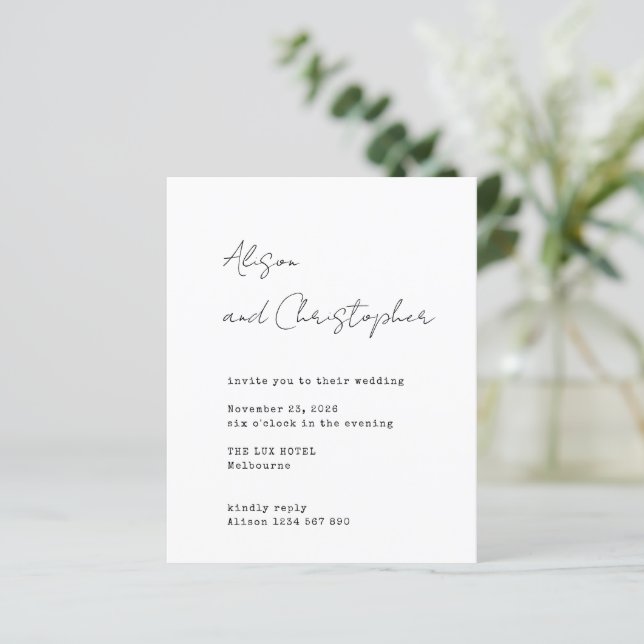 Modern White Elegant Script Wedding Invitation (Standing Front)
